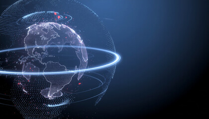 Digital globe with glowing lights and rings on a dark background.