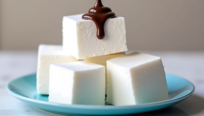 Marshmallows with Dripping Chocolate Sauce on Blue Plate