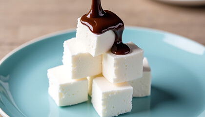 Marshmallows with Dripping Chocolate Sauce on Blue Plate