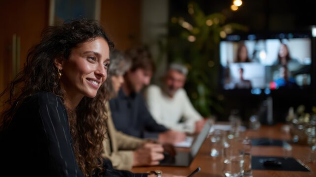 Smiling businesswoman participating in hybrid team meeting with colleagues in modern conference room, engaging in discussion while remote partners appear on video screen