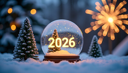 Snow Globe with 2026 Illuminated and Winter Trees at Night 