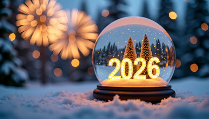 Snow Globe with 2026 Illuminated and Winter Trees at Night 