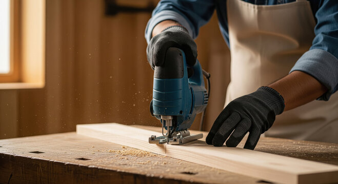 A carpenter’s gloved hands guide a jigsaw to cut wood on a workbench, with fine sawdust in a bright workshop.