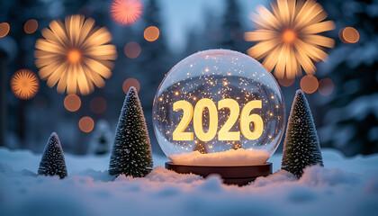 Snow Globe with 2026 Illuminated and Winter Trees at Night 