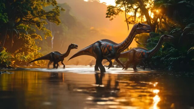 Majestic Dinosaurs Crossing a River at Sunset - A Prehistoric Journey.