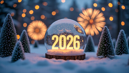 Snow Globe with 2026 Illuminated and Winter Trees at Night 