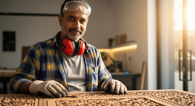 A male carpenter wearing safety goggles and earmuffs holds a wooden beam and saw in a sunlit workshop