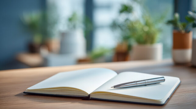 Open magazine with silver pen on wooden table, minimal workspace scene with soft natural light and greenery