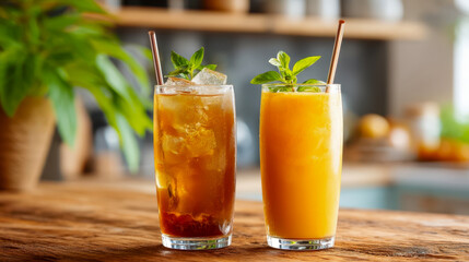 Fototapeta premium Iced herbal tea and freshly squeezed orange juice in tall glasses with mint, refreshing homemade summer drinks