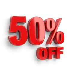 Bold red 50% off discount text rendering shiny 3d numbers and percentage symbol with shadow effect for marketing and advertising isolated on white background