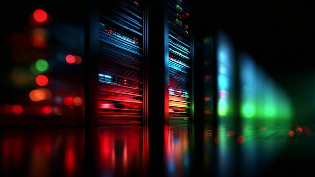 A Stunning Display of Colorful Server Racks Illuminated in Dark, Showcasing Advanced Technology and Data Storage Capabilities in a Modern Digital Environment.