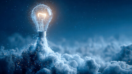Glowing light bulb emerging from cloud fog with sparkling particles, concept of creativity and innovation