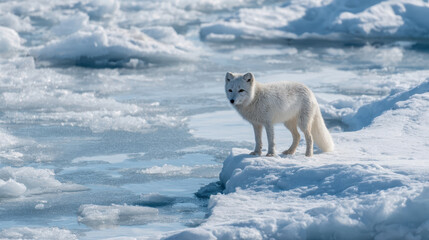 Naklejka premium An arctic fox with thick winter fur on a snowy icy shore, a wildlife scene in the frozen polar world