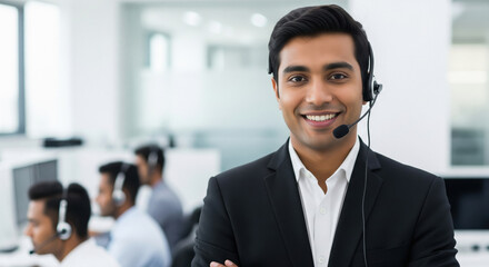 A male call center agent dressed in suit provides customer service while using a headset and laptop