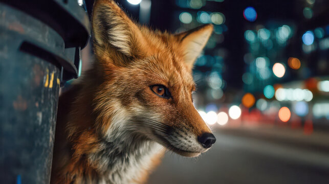 A red fox with bright amber fur near a city trash bin at night, an encounter with wildlife on the streets of a modern city