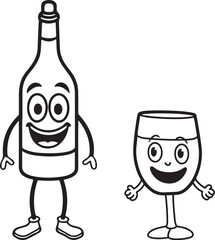 Happy Cartoon Wine Bottle and Glass Characters
