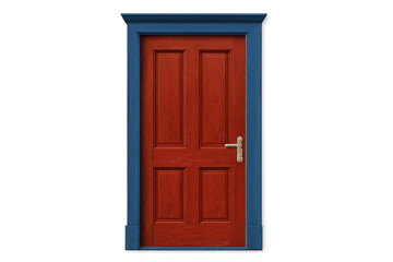 Obraz premium Red wooden door with blue frame, golden handle, providing entrance, isolated object on transparent background