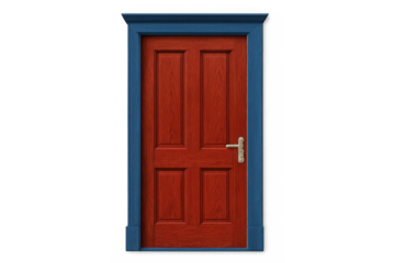 Red wooden door with blue frame, golden handle, providing entrance, isolated object on transparent background