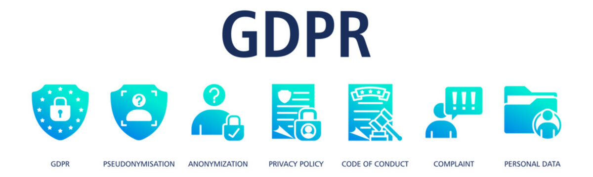 GDPR banner web icon vector illustration concept with icon of GDPR, pseudonymisation, anonymization, privacy policy, code of conduct, complaint, personal data