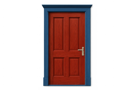 Red wooden door with blue frame, golden handle, providing entrance, isolated object on transparent background
