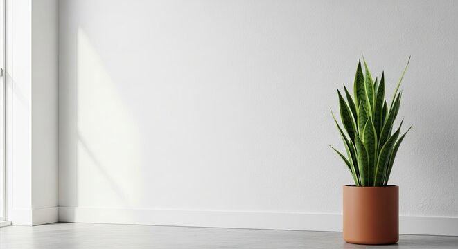Indoor plant in a simple pot near a large window casting shadows - Powered by Adobe
