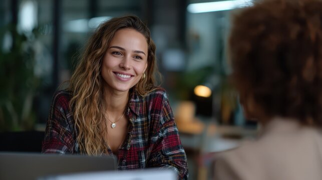 Smiling young woman in plaid shirt talking with colleague in modern office with warm evening light and relaxed professional mood