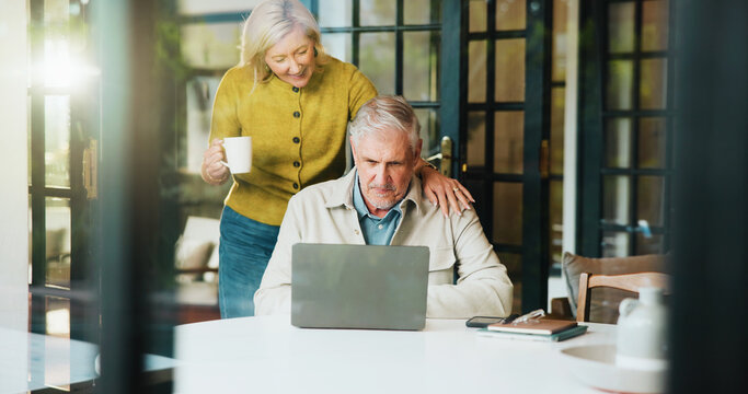 Senior couple, talk and research with laptop, love and discussion for retirement, online and support. Financial planning, elderly man and old woman with coffee in home, flare or investment on website
