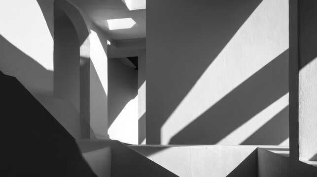 Black and white abstract architectural detail with strong geometric shadows and light architecture