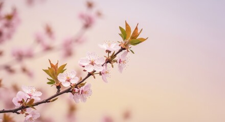A gentle abstract background with swirling pastel colors and subtle textures, highlighting a graceful branch of delicate spring blossoms ,pastel, background, purple