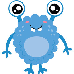 A Cute Blue Fluffy Monster with Big Eyes and a Wide Smile Stands With Its Arms and Legs Spread Out on a Transparent Background