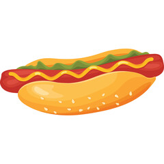 A delicious hot dog with ketchup and mustard on a sesame seed bun isolated on a transparent background with studio lighting