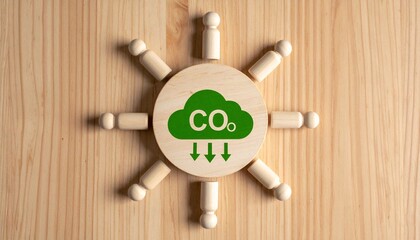 wooden figurines circling green CO cloud icon on disc, symbolizing collective carbon awareness