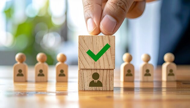 hand selecting approved silhouette block with green checkmark, symbolizing recruitment and decision-making
