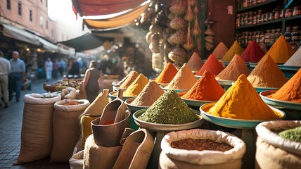 Aromatic Spices in Rich Colors at Busy Marketplace in Morocco photo