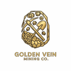 Golden Vein Mining Co. Logo Featuring Pickaxe, Shovel, and Gold Nuggets.
