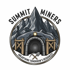 Summit Miners logo with mountains mine entrance and tools.