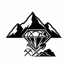 Diamond mining logo with mountains and tools representing industry.