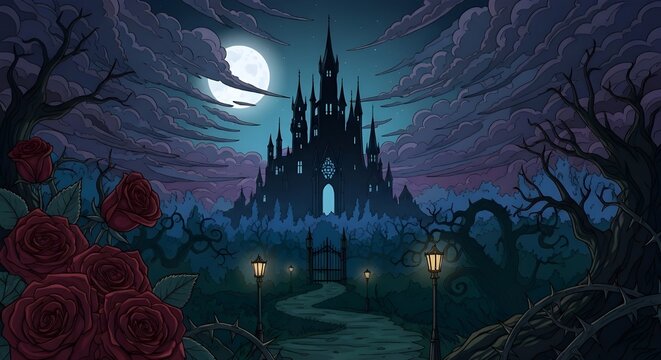 Dark Gothic Castle Under Moonlight &ndash; Fantasy Vector Background with Roses and Lantern Path