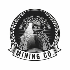Mining Company Emblem with Hard Hat and Tools.