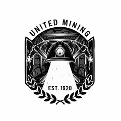 Vintage United Mining company logo with helmet and pickaxes.