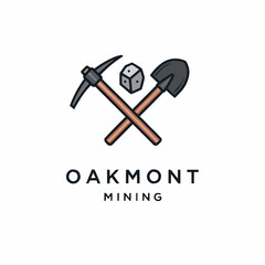 Oakmont Mining Logo with Crossed Pickaxe Shovel and Dice.