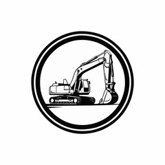 Monochrome illustration of a powerful excavator for construction and earthmoving tasks.