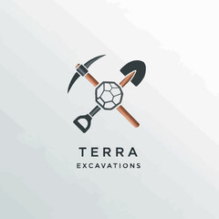 Terra Excavations Logo Featuring Crossed Pickaxe and Shovel with Soccer Ball Center.