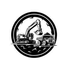 Heavy machinery excavator loading dump truck in construction site.