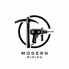 Modern Mining Logo with Pickaxe and Drill in Circle.