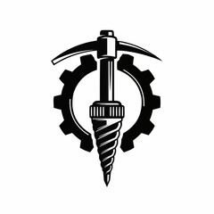 Mining Drill and Pickaxe with Gear Symbol.