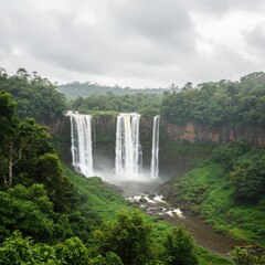 Fototapeta premium Expansive natural vista capturing a massive waterfall spreading across a lush, misty gorge with vibrant green foliage ,waterfall ,droplets ,scenic