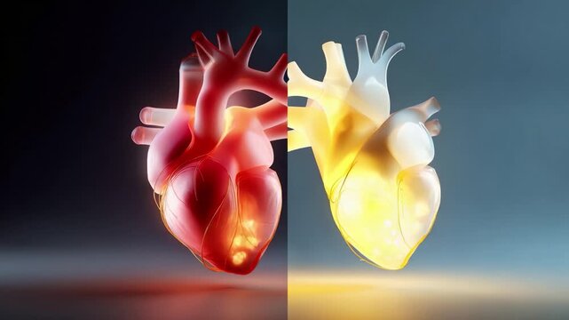 A Stunning Visual Representation of a Human Heart, Merging Two Dynamic Perspectives That Showcase the Intricacies and Vibrancy of Heart Anatomy with Vivid Colors and Detail.