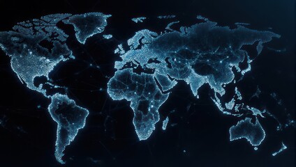 World Map with Glowing City Lights on Dark Background.