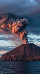 Majestic volcanic cone rising sharply from the turbulent deep blue sea, venting steam and ash against a dramatic, colorful sky at the ocean's edge ,volcano ,smoke ,dramatic